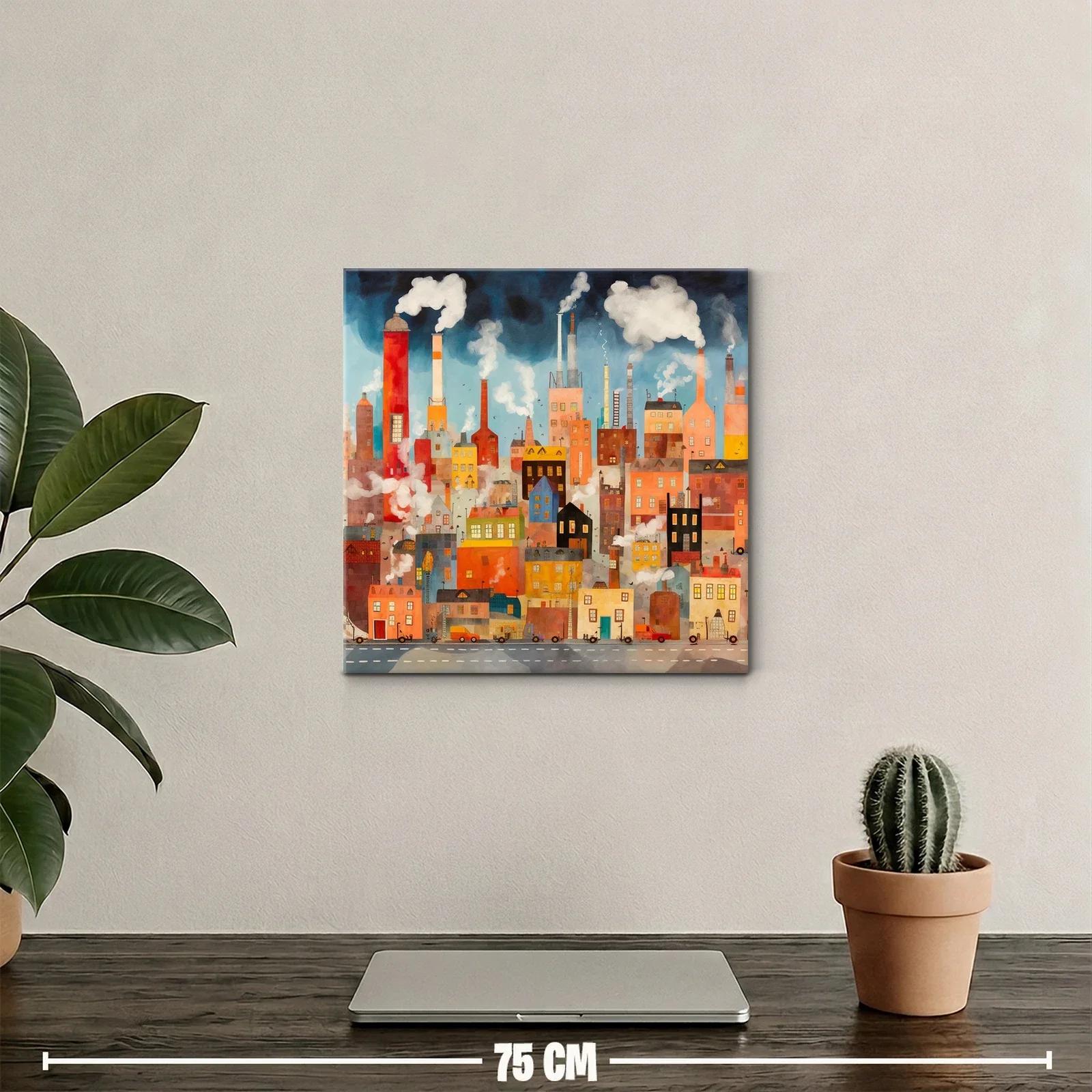 Ciudad industrial con chimeneas y humo en tonos cálidos — miniatura 2