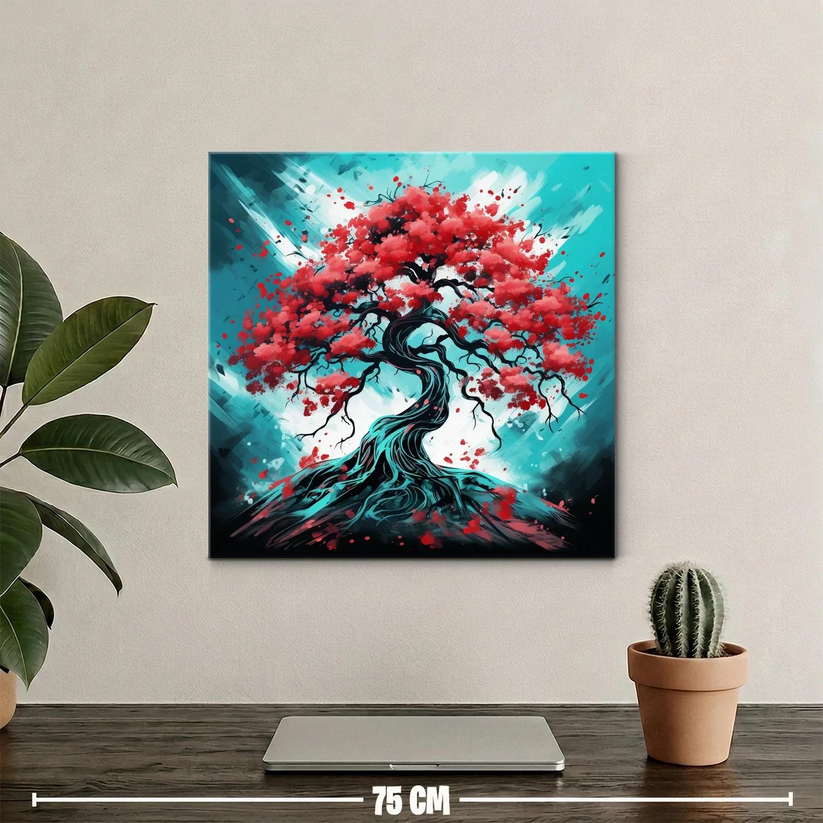 Árbol con hojas rojas sobre fondo azul vibrante — miniatura 2