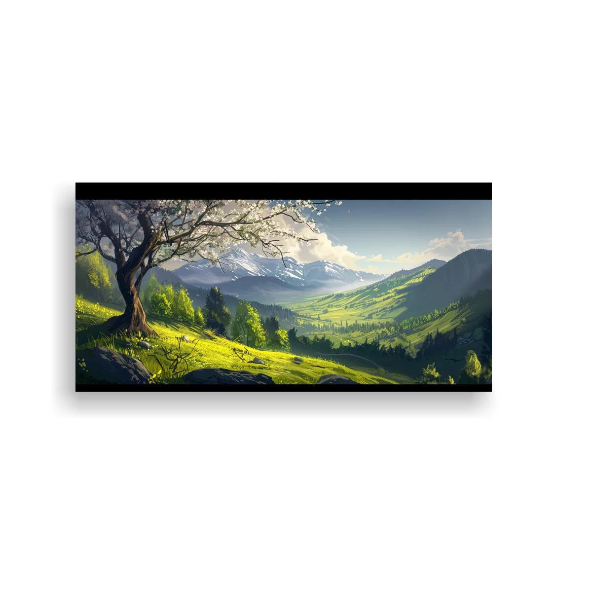 Cuadro valle de montaña con pradera verde y flores claras — imagen principal