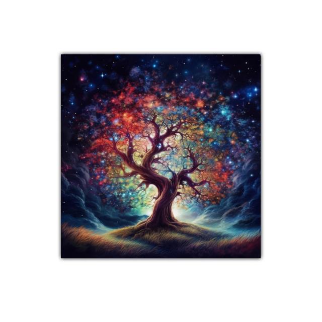 Árbol mágico con colores vibrantes en cielo estrellado