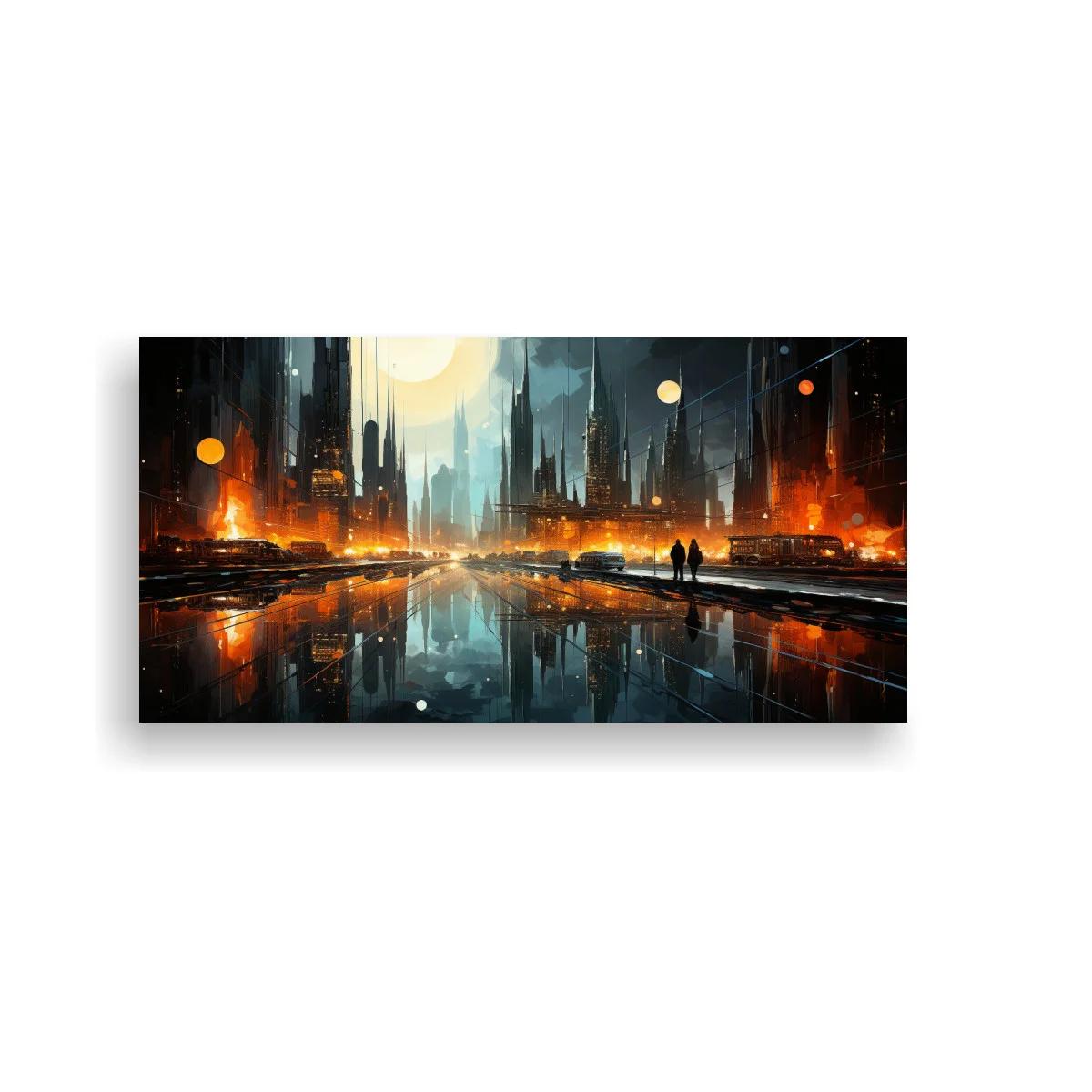 Cuadro ciudad futurista en llamas con reflejos urbanos