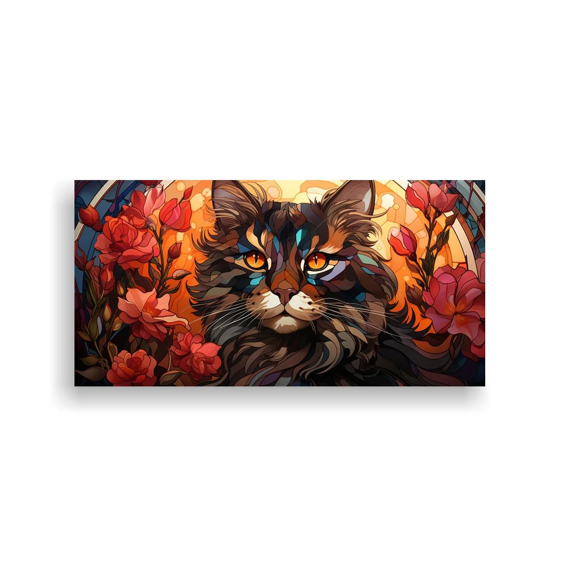 Cuadro gato de pelo largo con flores y fondo cálido