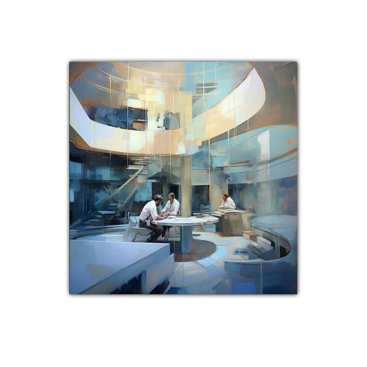 Ambiente laboral futurista con tonos azulados y dorados — imagen principal