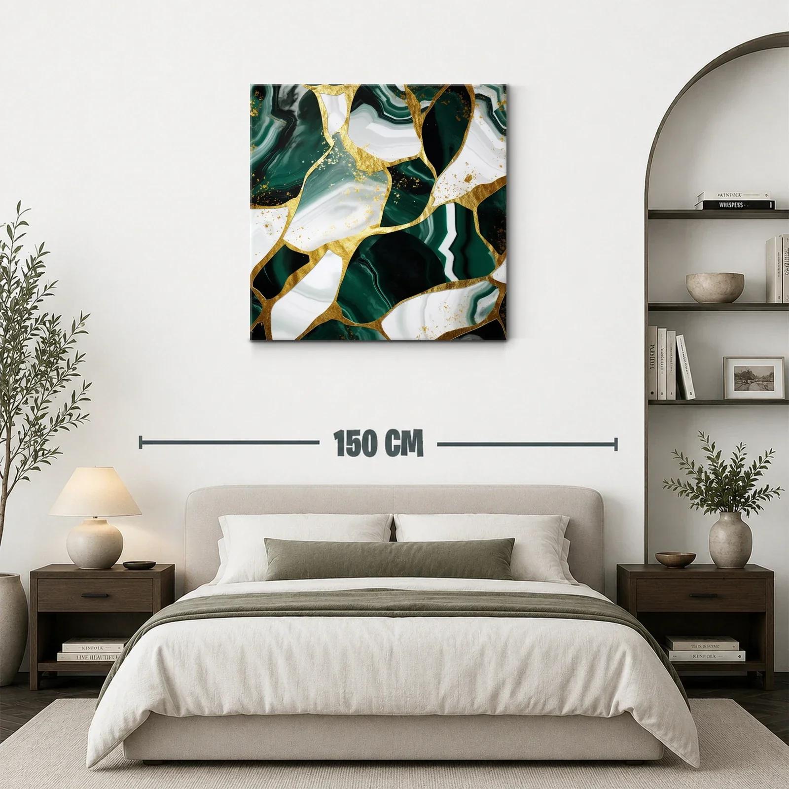 Cuadro abstracto con vetas verdes y detalles dorados — miniatura 3