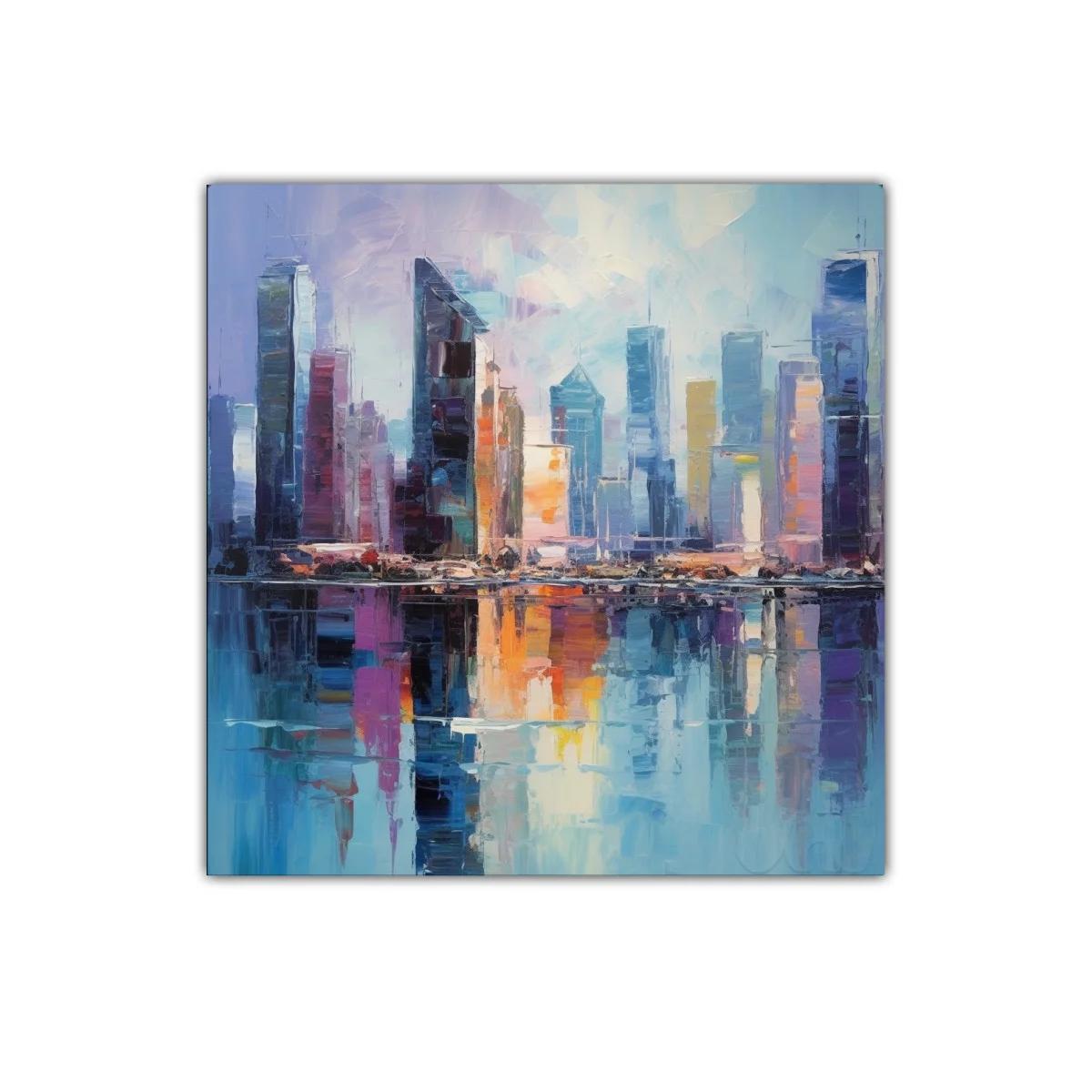 Paisaje urbano con reflejos vibrantes en la ciudad