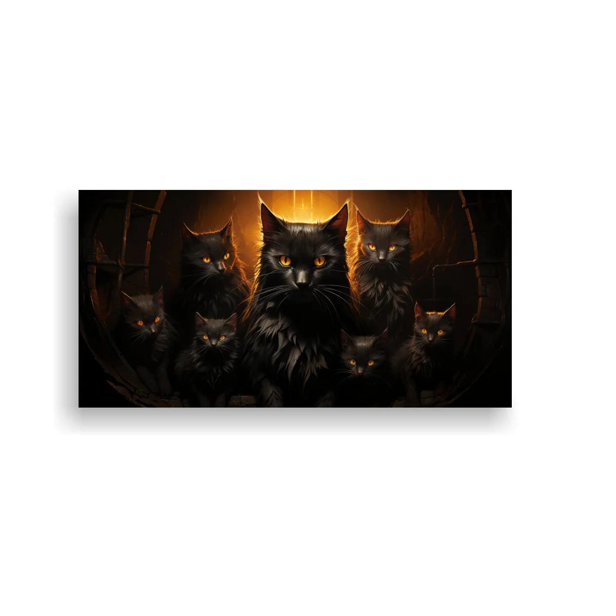 Cuadro grupo de gatos negros con resplandor dorado