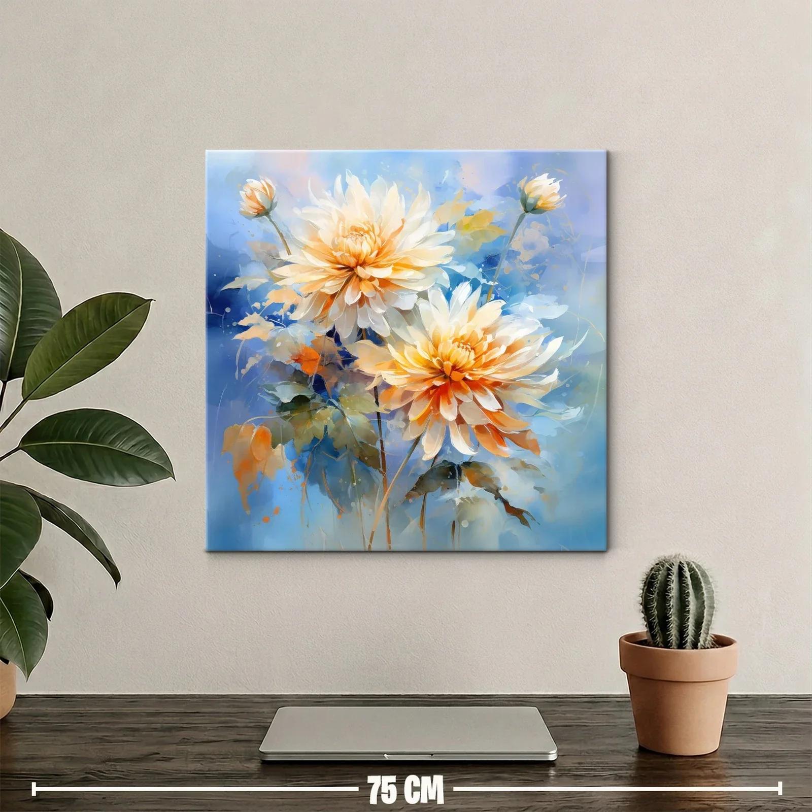 Cuadro floral con dalias en tonos cálidos y fondo azul — miniatura 2
