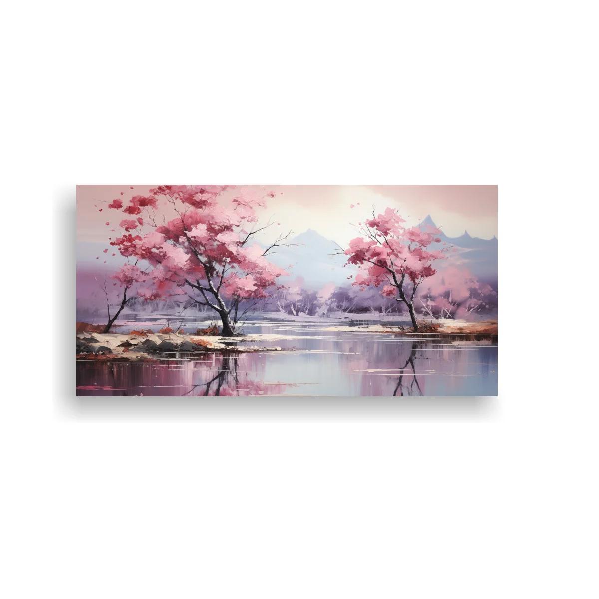 Cuadro cerezos en flor junto a un lago con reflejo espejado
