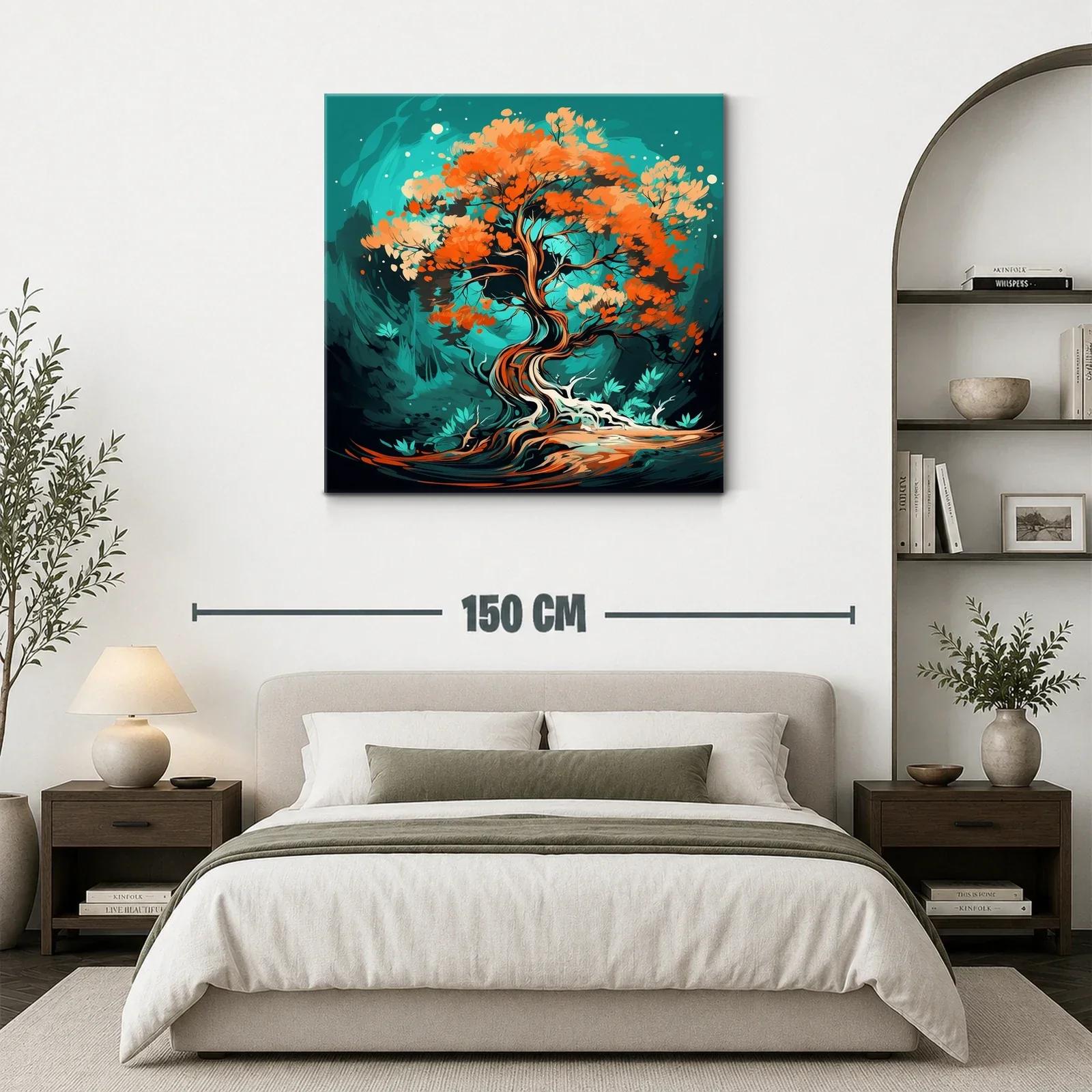 Árbol Abstracto con Hojas en Tonos Cálidos y Fondo Turquesa — miniatura 3