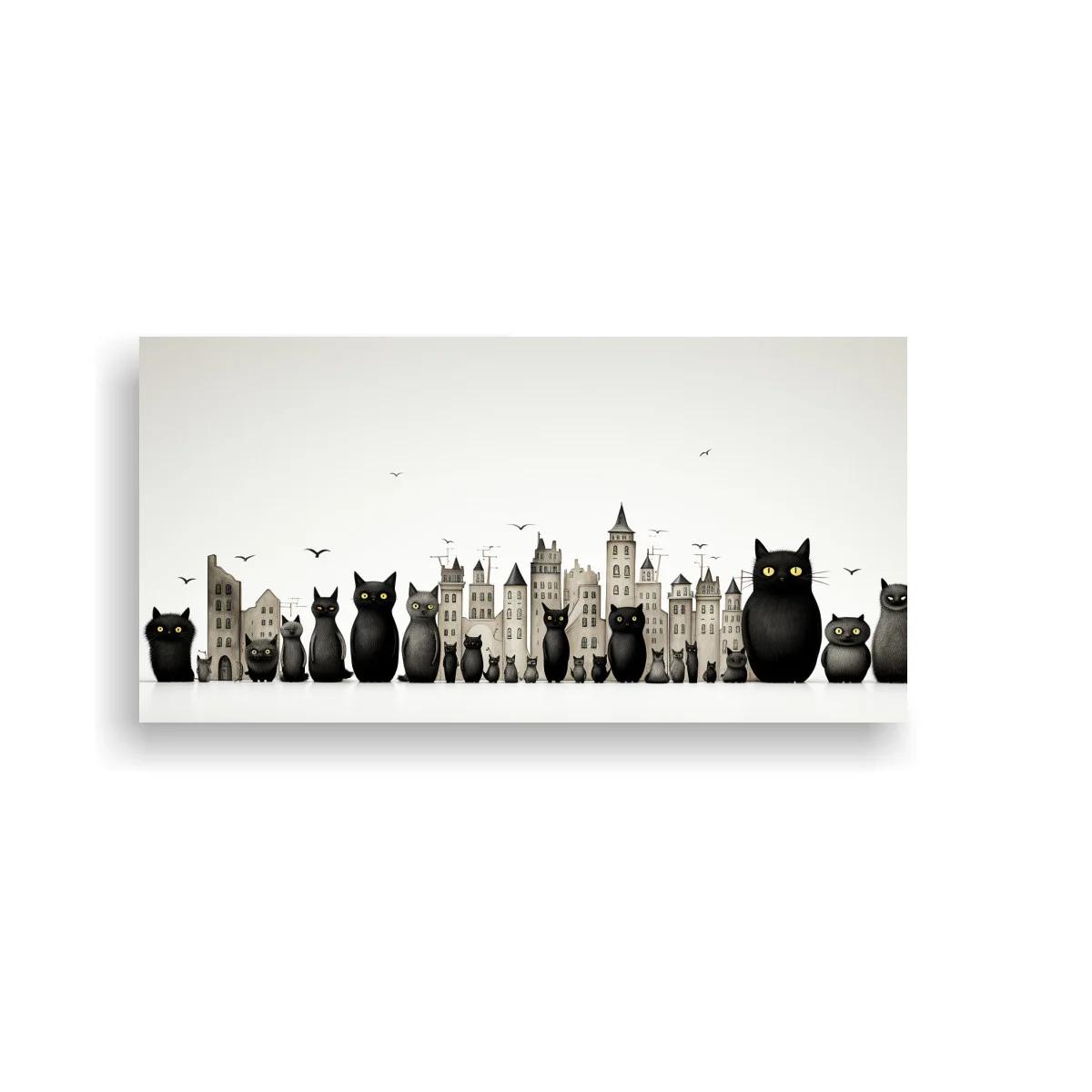 Cuadro gatos negros y grises con casitas estrechas