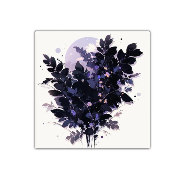 Composición floral con hojas oscuras y detalles violetas