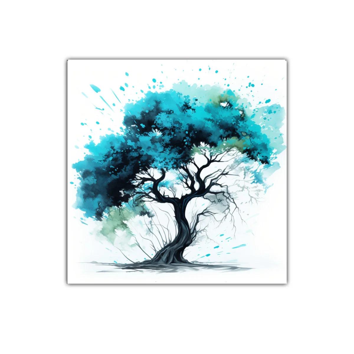 Árbol con copa azul vibrante y tronco sinuoso