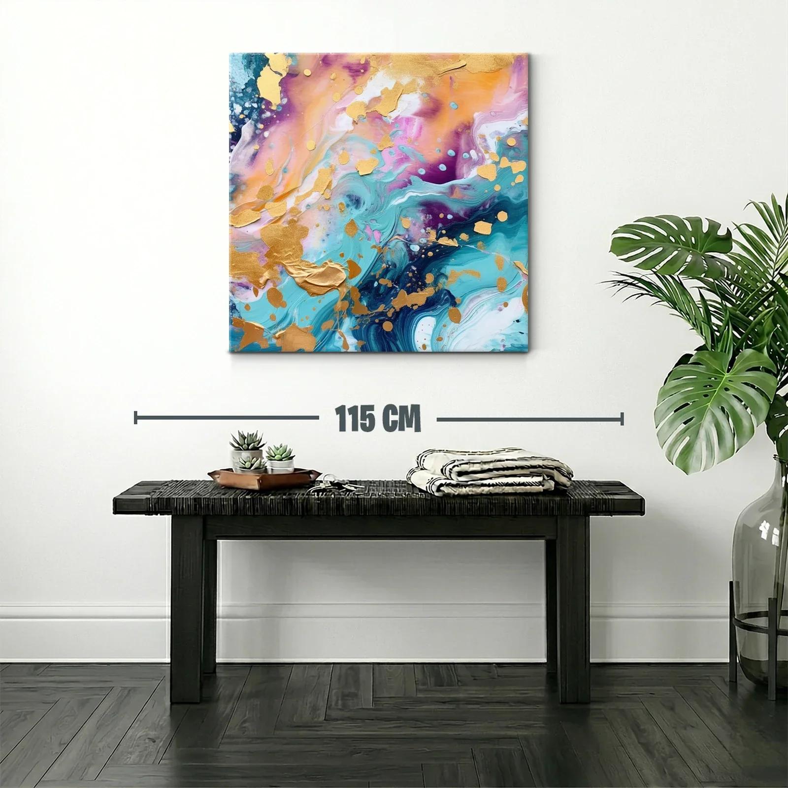 Cuadro abstracto con tonos dorados y vibrantes azules — miniatura 2