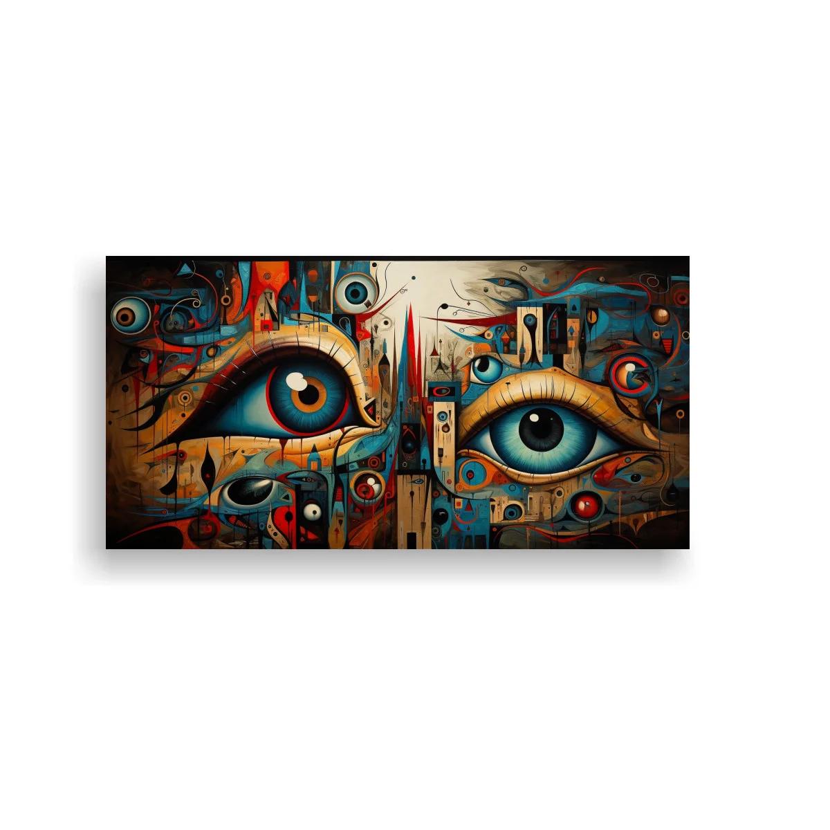 Cuadro ojos azules surrealistas con formas geométricas