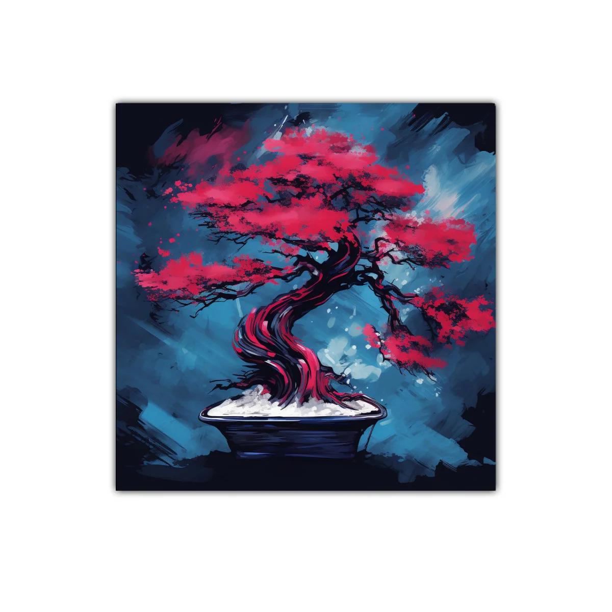 Árbol bonsái rojo intenso sobre fondo azul vibrante — imagen principal