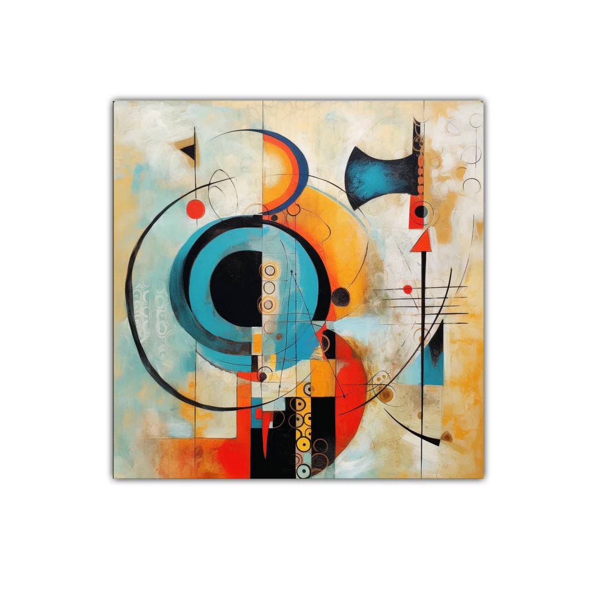 Composición abstracta con círculos y líneas en tonos cálidos y turquesa