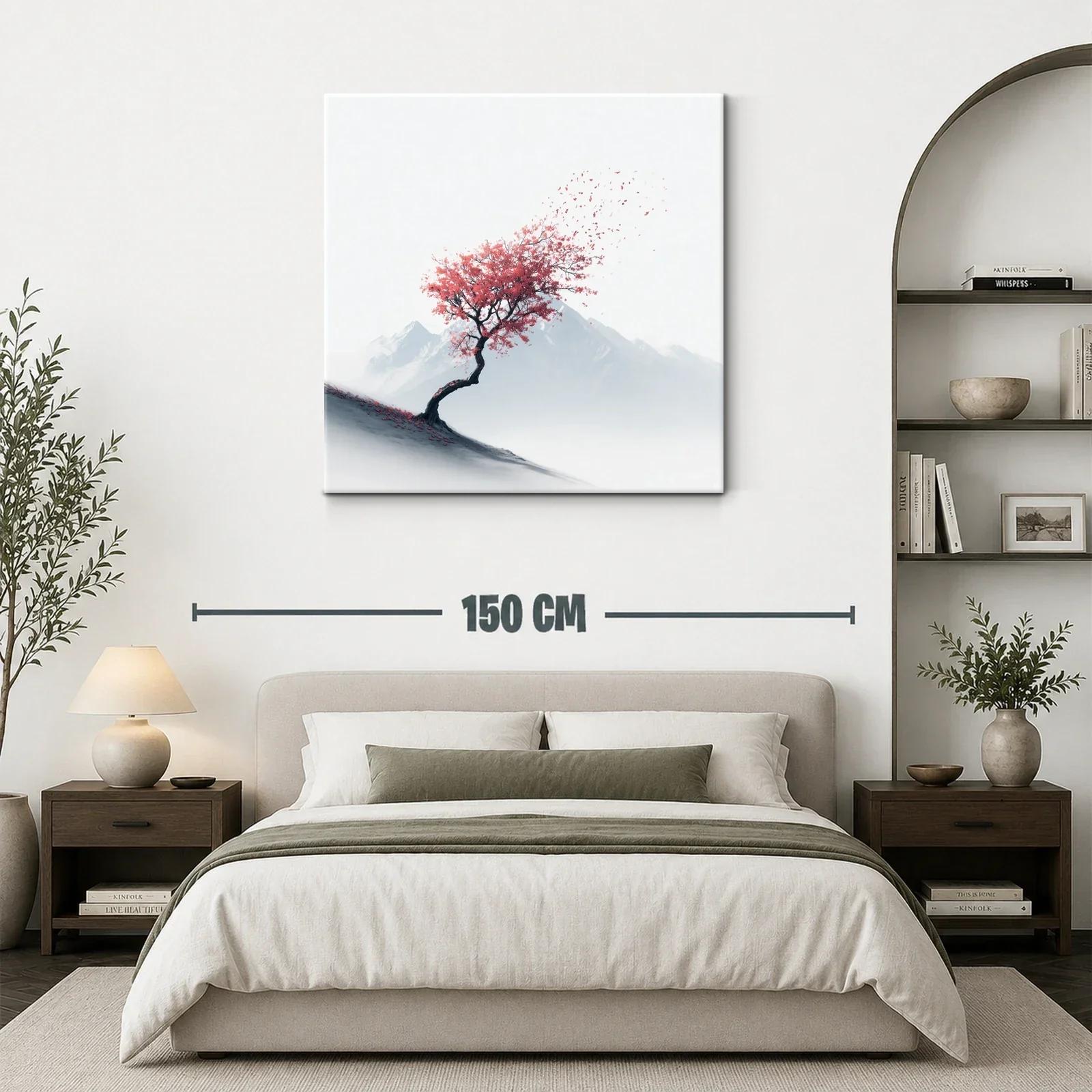 Árbol solitario con hojas rojas contra montañas — miniatura 3
