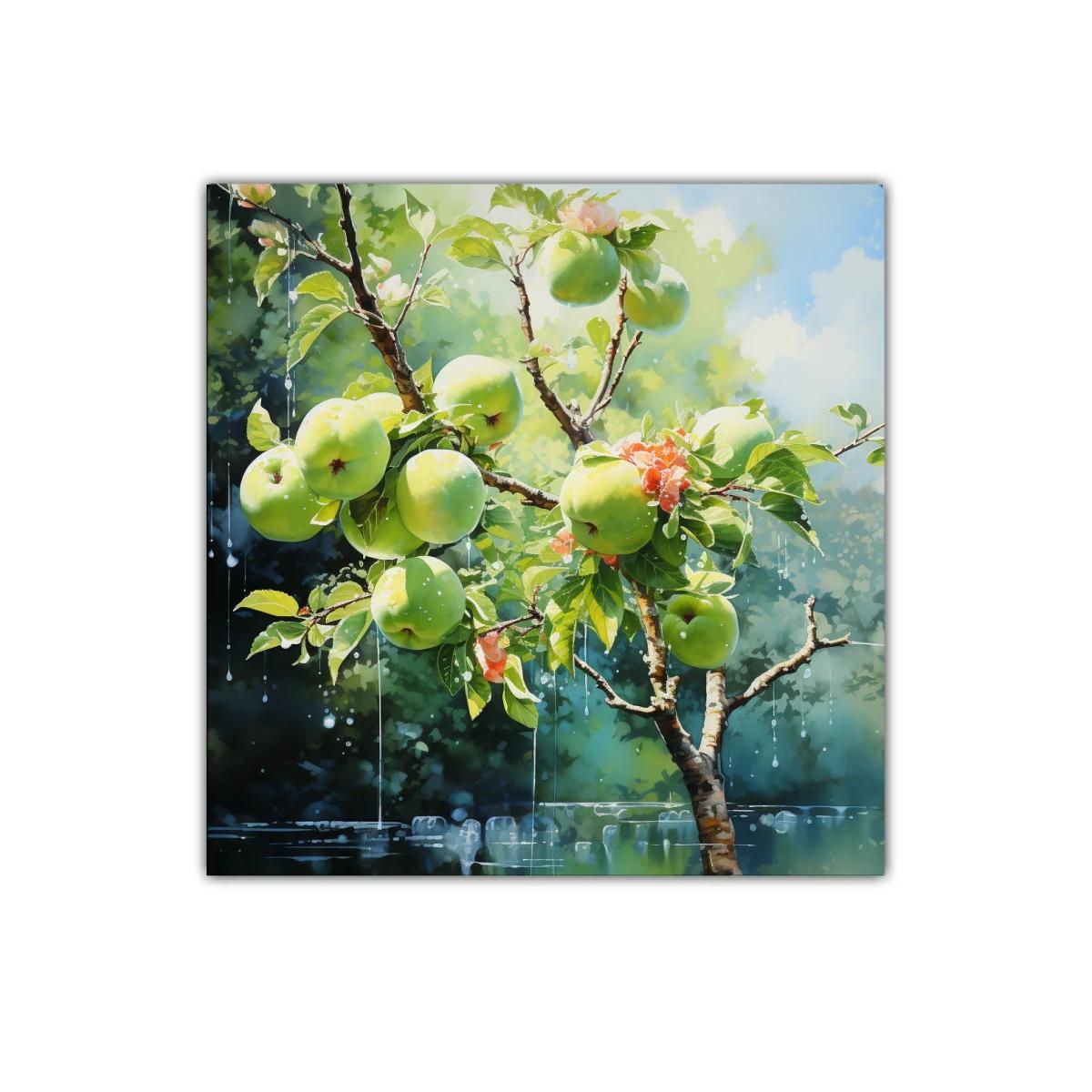 Rama de manzanas verdes con gotas de rocío luminoso