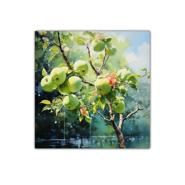 Rama de manzanas verdes con gotas de rocío luminoso