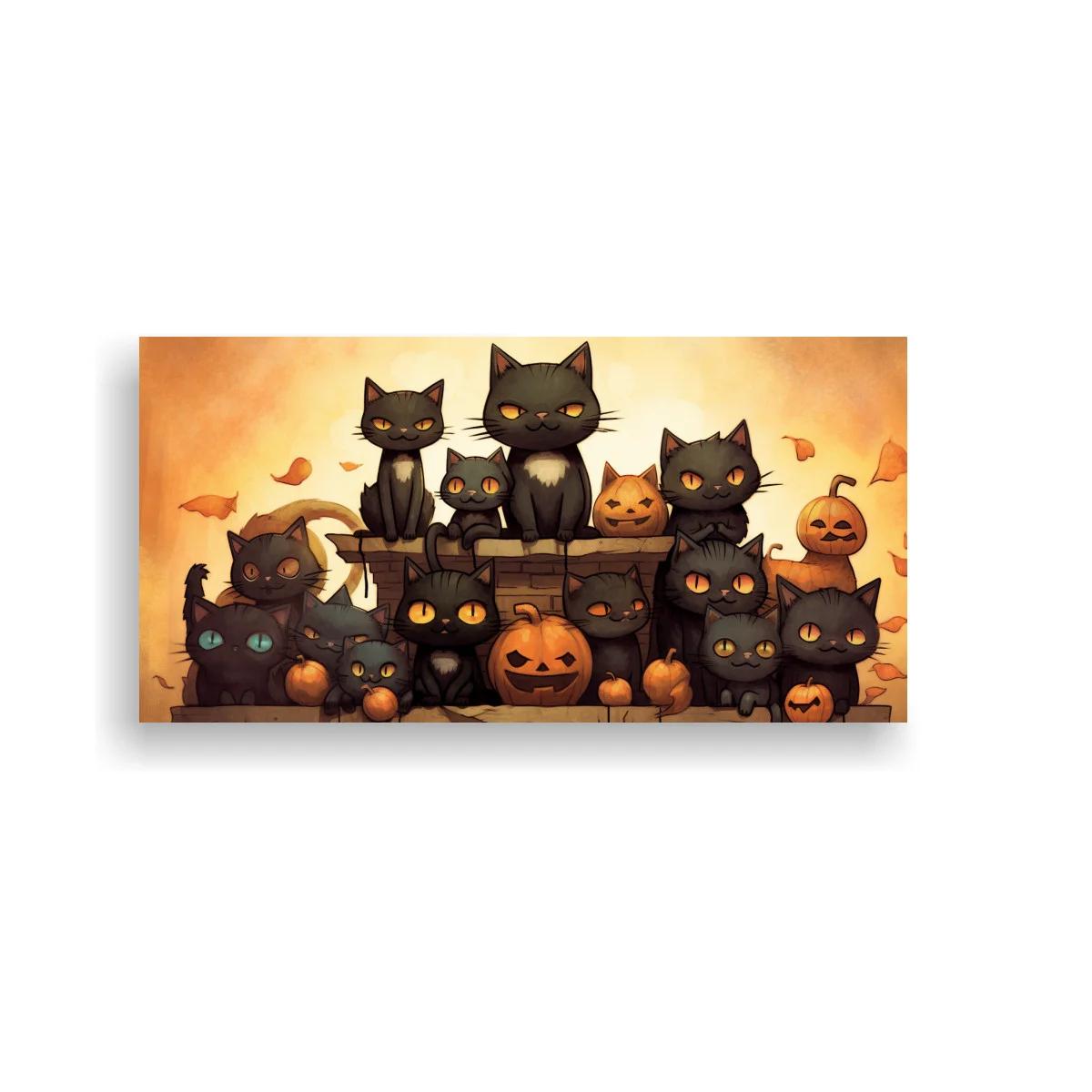 Cuadro grupo de gatos negros con calabazas de Halloween