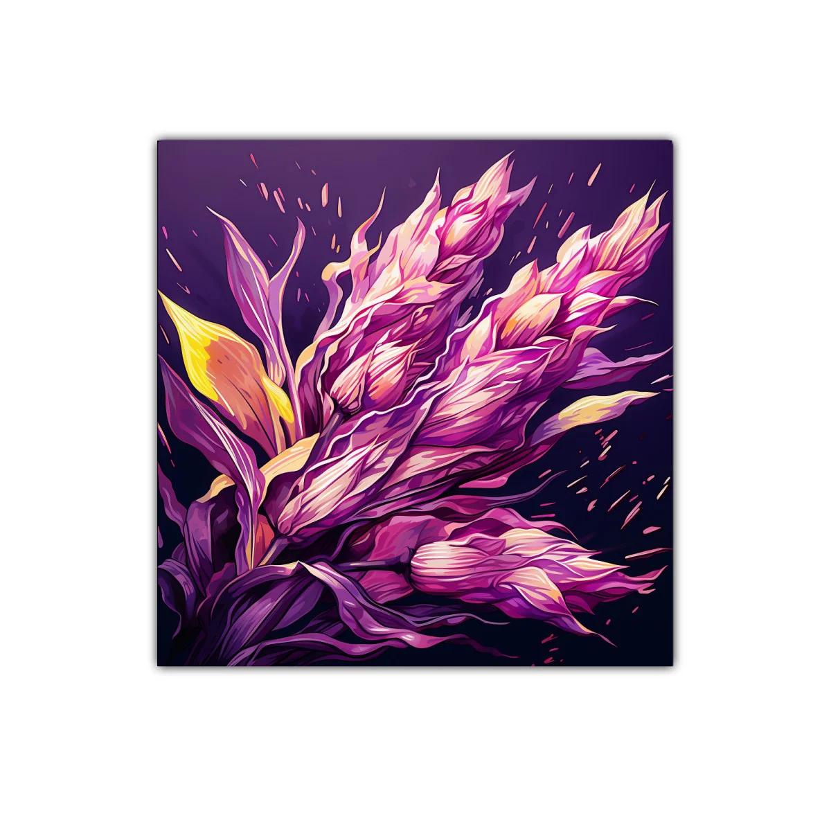 Cuadro floral vibrante con tonos púrpuras y amarillos — imagen principal