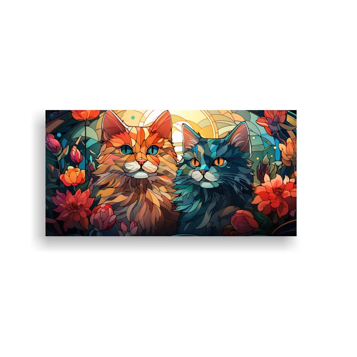Cuadro dos gatos de pelo largo entre flores y follaje