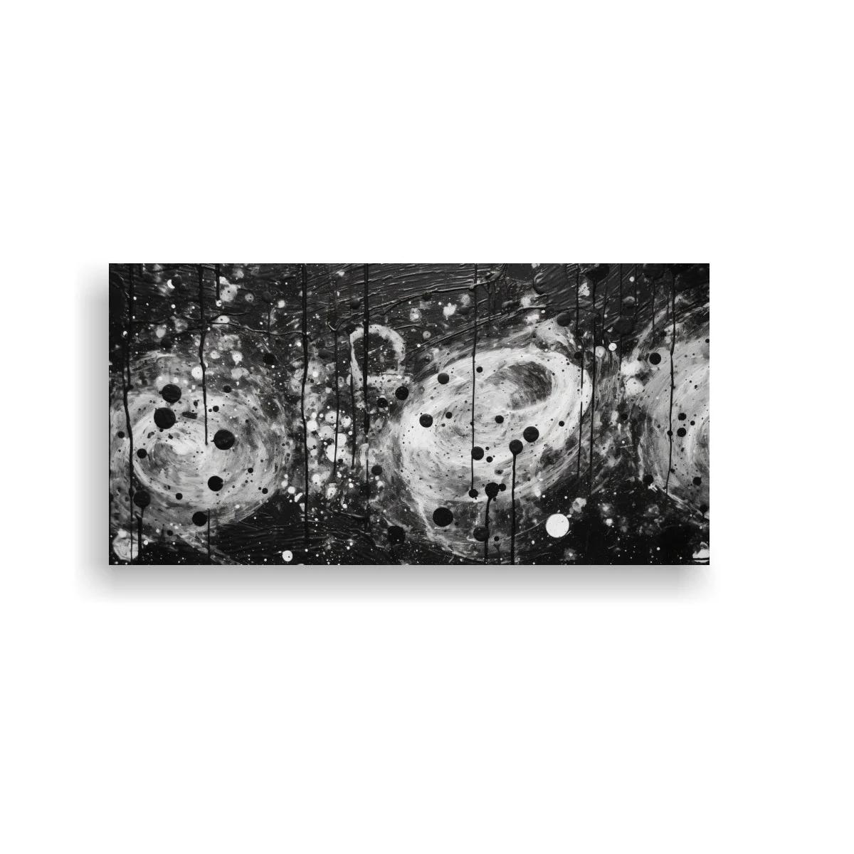 Cuadro galaxias espirales en blanco y negro con remolinos y goteos