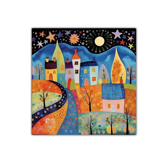 Paisaje nocturno colorido con casas y estrellas brillantes