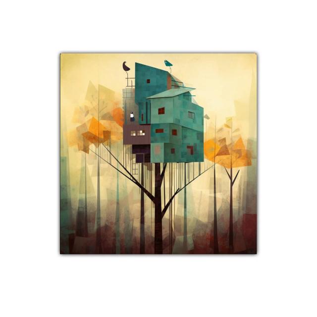 Casa en el Árbol con Aves en Bosque Abstracto