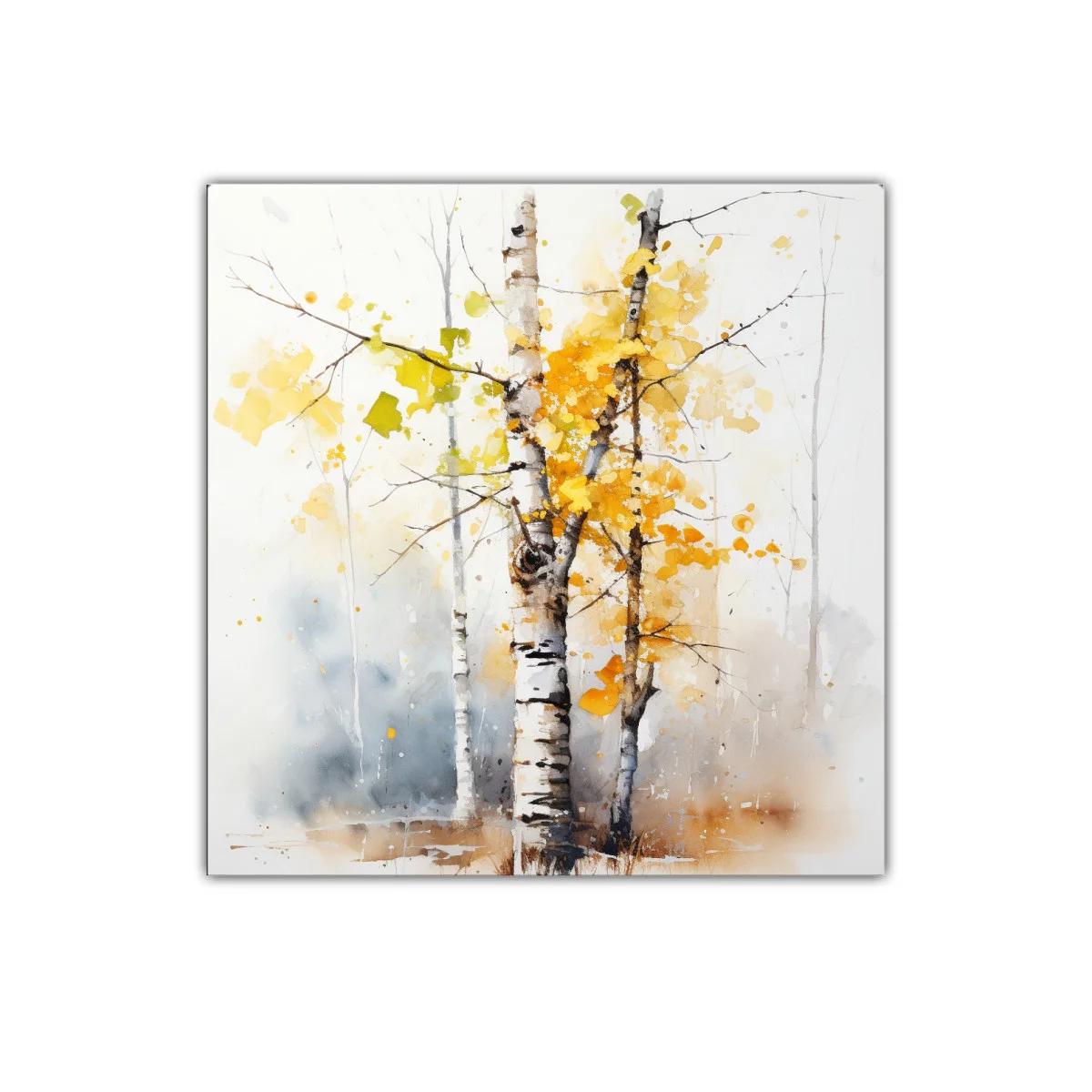 Cuadro decorativo con abedul y hojas otoñales en acuarela — miniatura 1