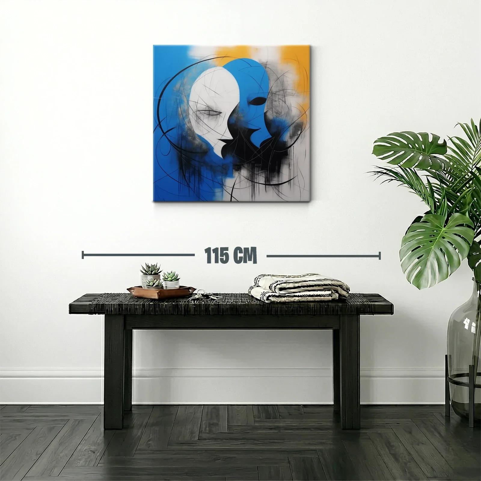 Cuadro abstracto con rostros en azul y blanco vibrante — miniatura 2