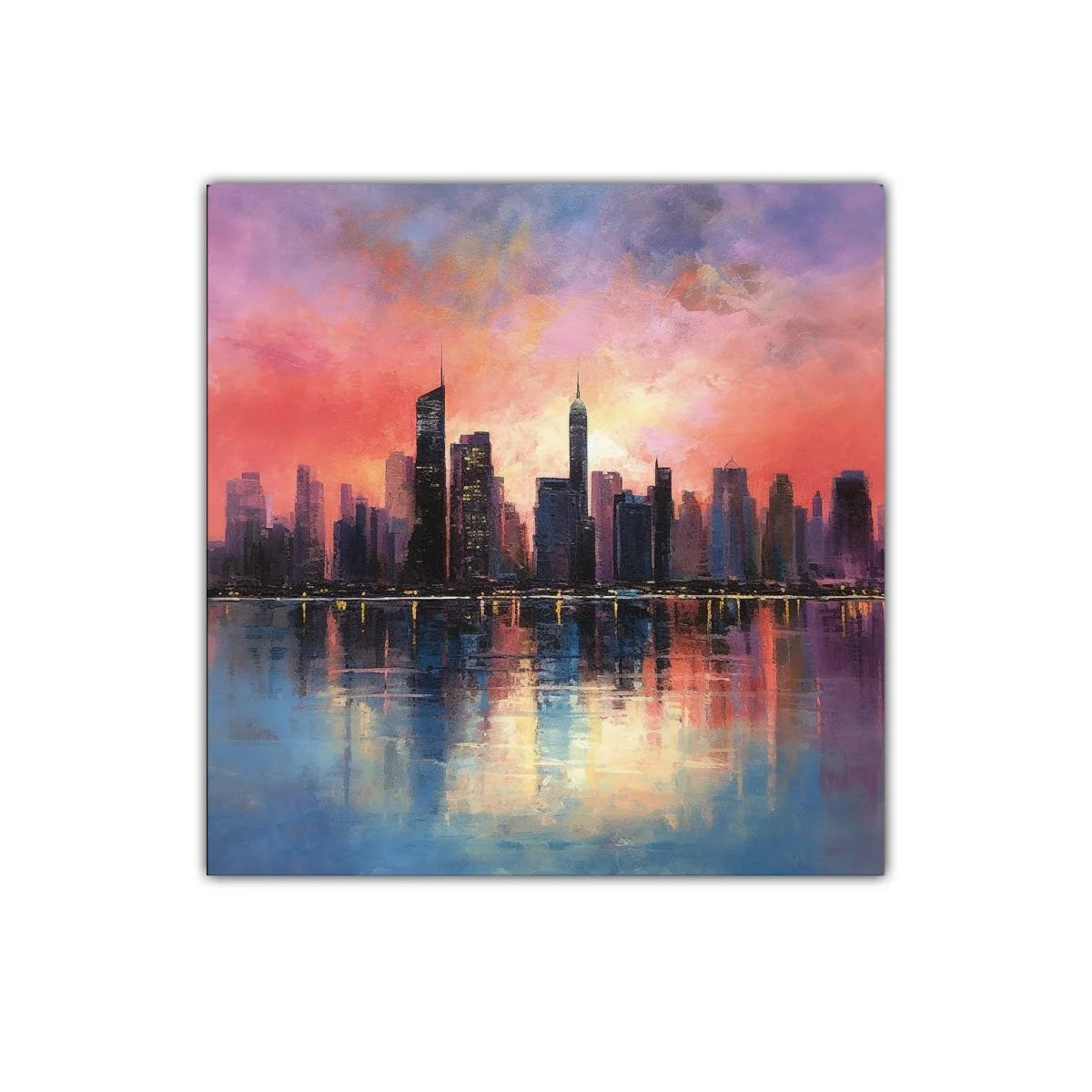 Atardecer urbano con reflejos vibrantes y cielo colorido