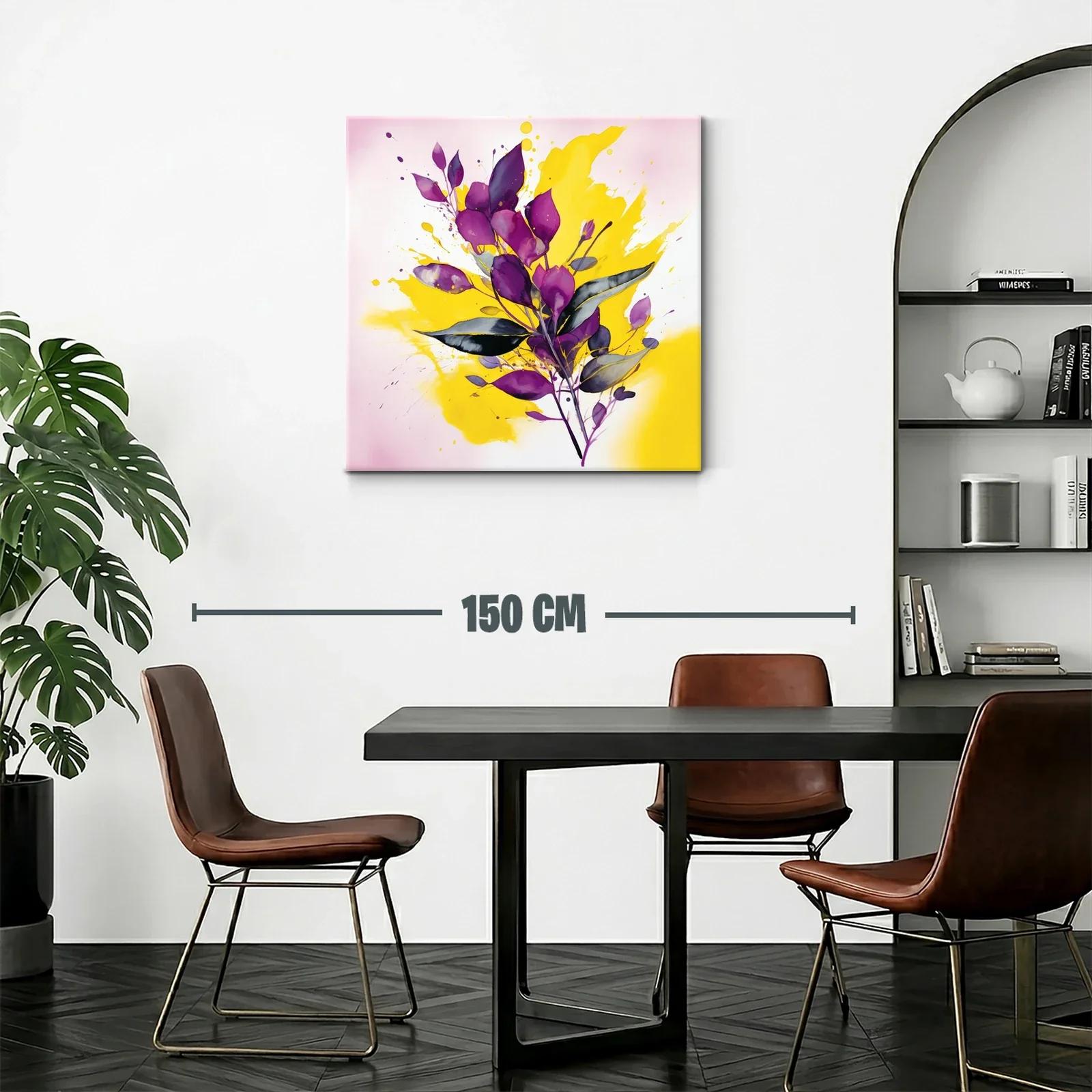 Cuadro moderno con hojas moradas y fondo amarillo vibrante — miniatura 2