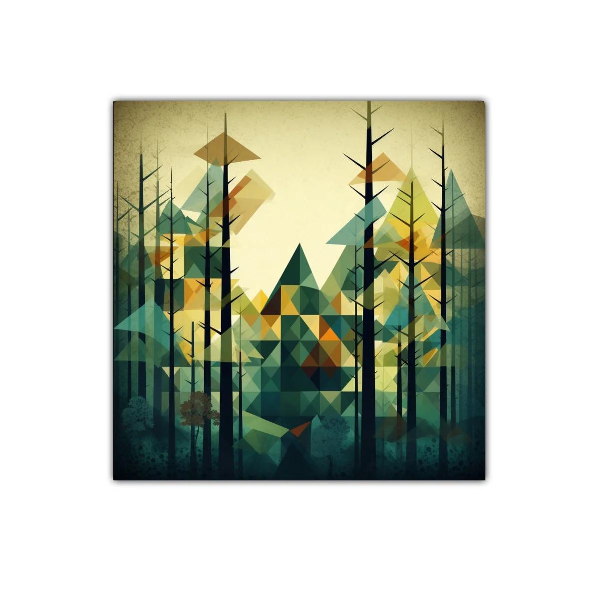 Bosque abstracto con triángulos en tonos verdes y ocres