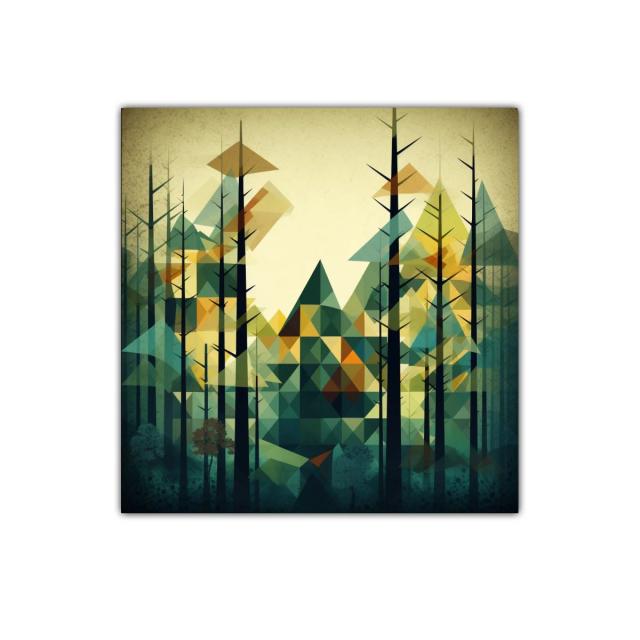 Bosque abstracto con triángulos en tonos verdes y ocres