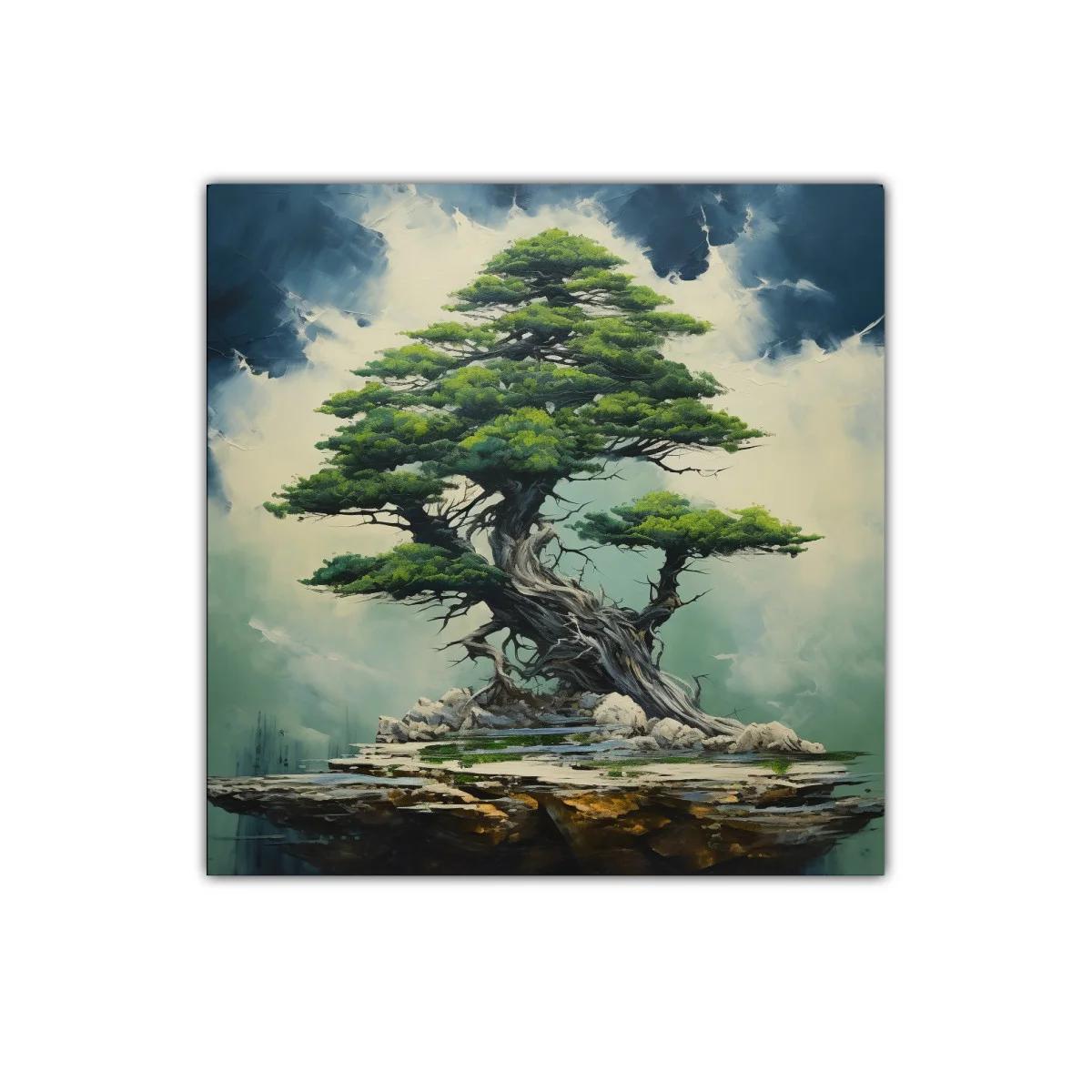 Árbol majestuoso sobre piedra con tonos verdes y azules