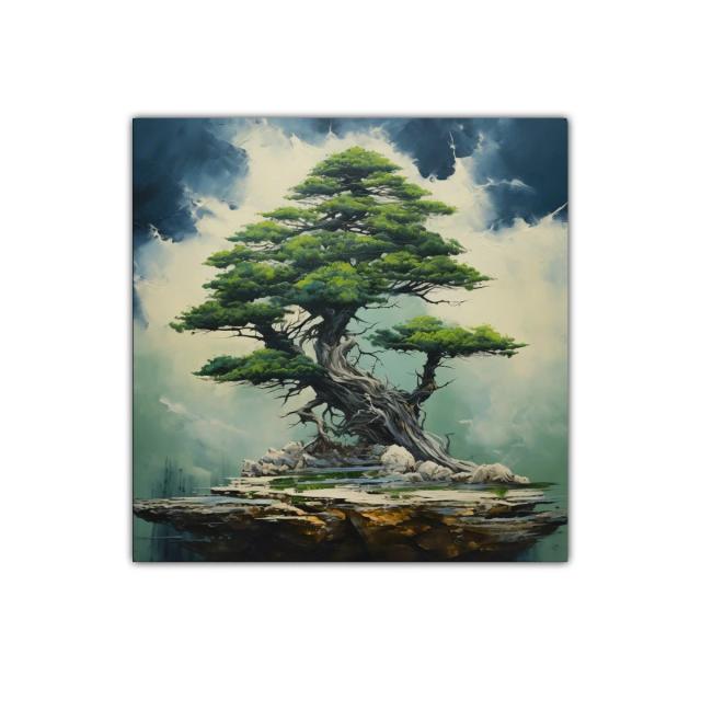 Árbol majestuoso sobre piedra con tonos verdes y azules