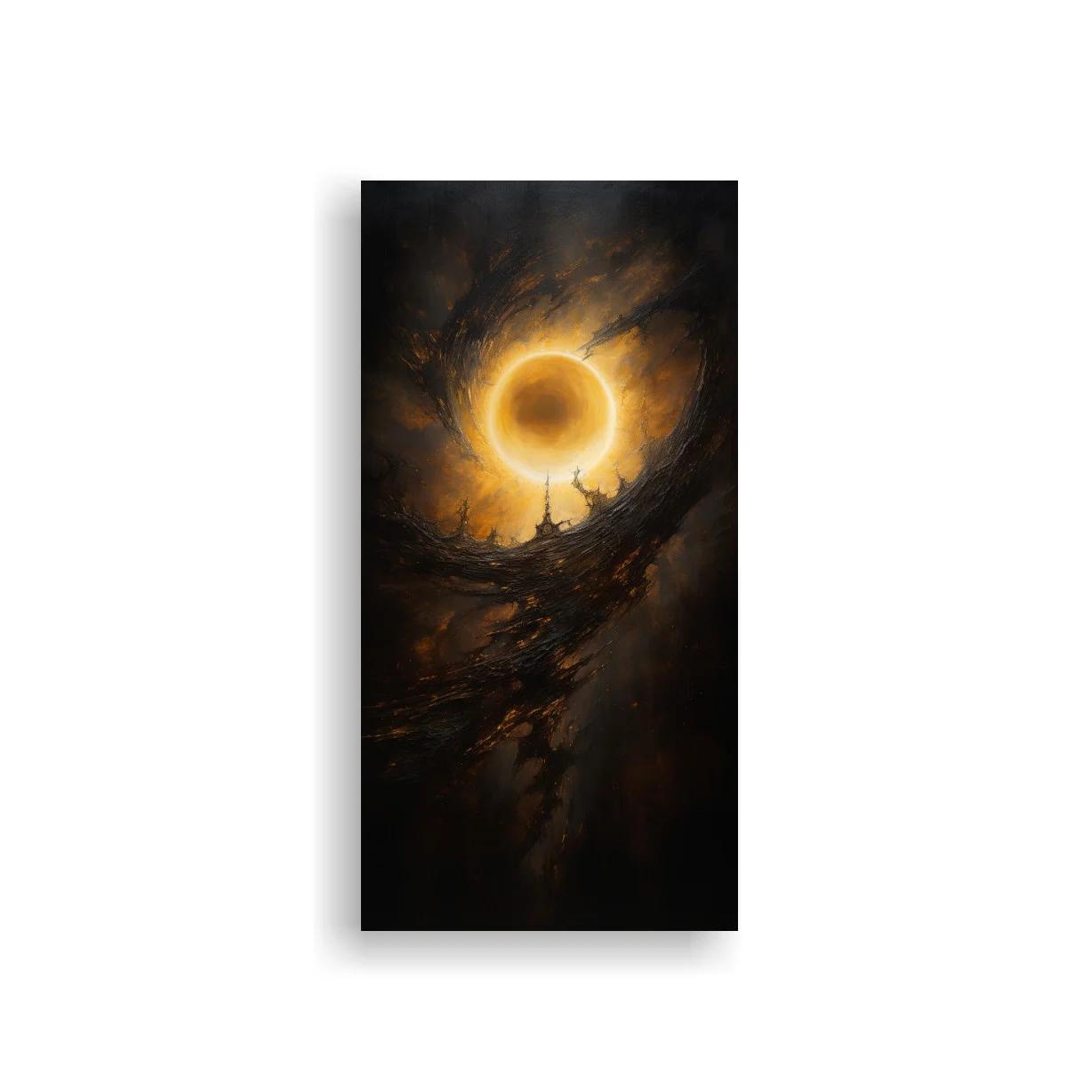 Cuadro eclipse solar con anillo dorado y cielo turbulento