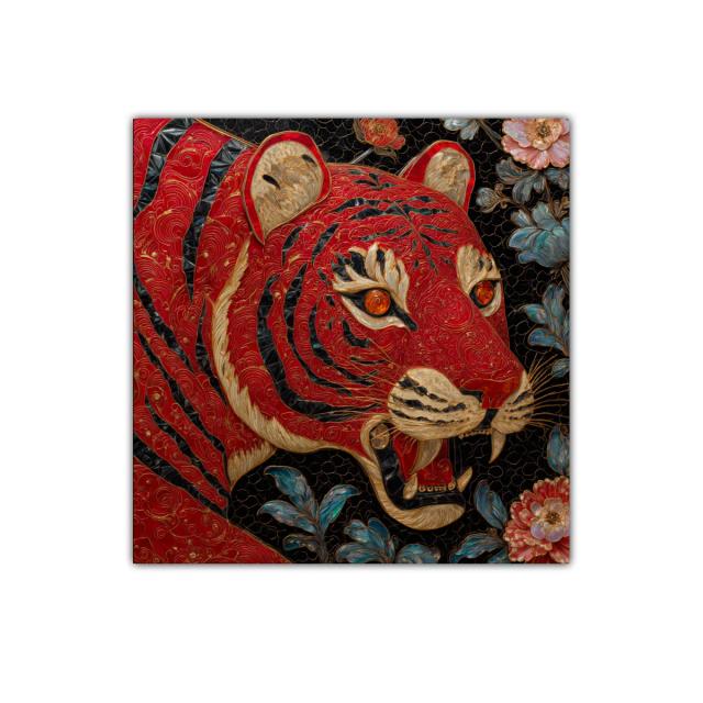 Imponente tigre rojo entre flores cálidas y azules