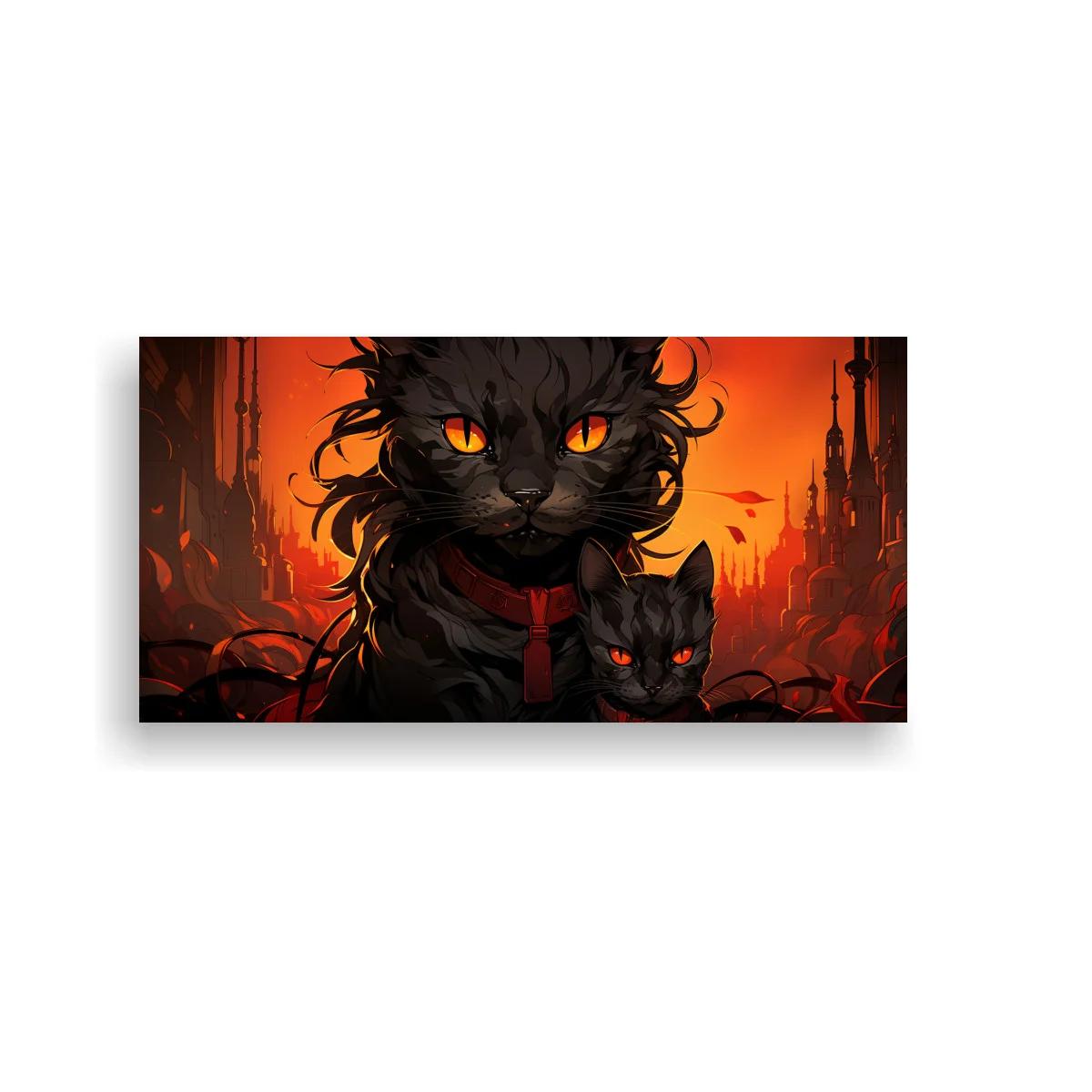 Cuadro gato negro de ojos naranjas con cinta roja