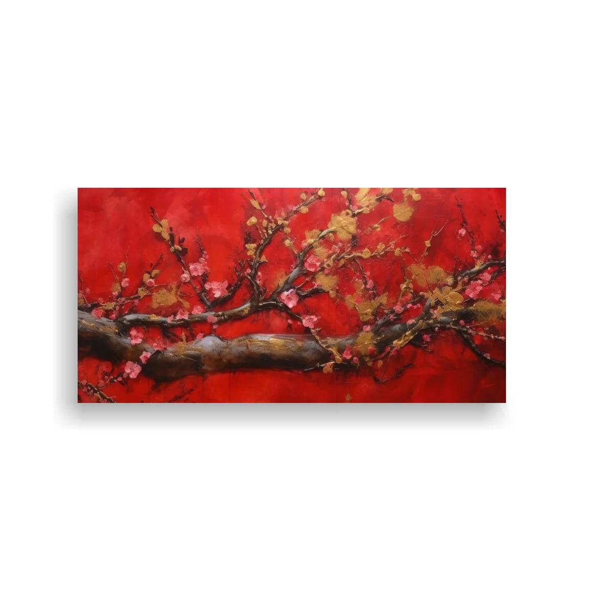 Cuadro rama de cerezo en flor sobre fondo rojo intenso — imagen principal