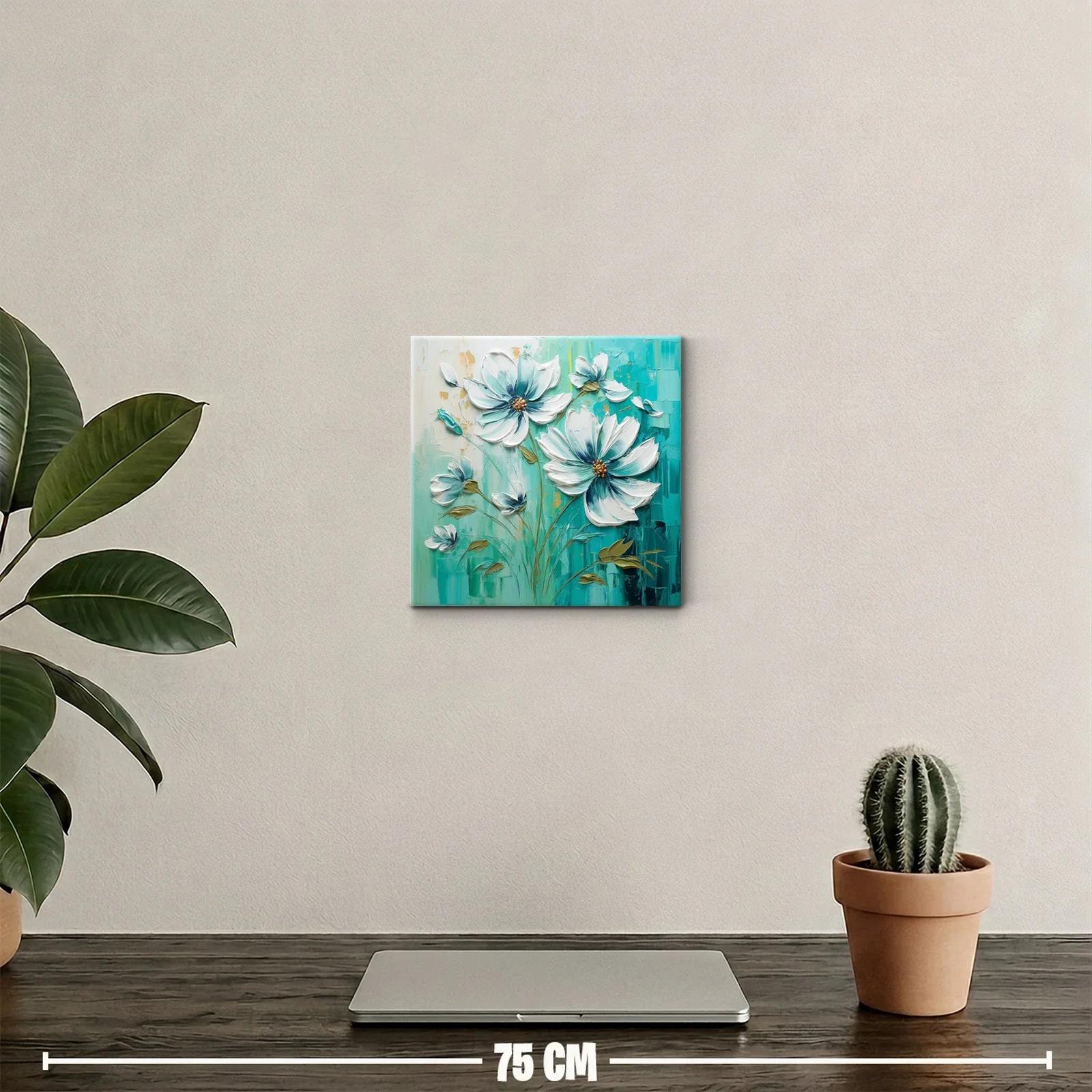 Cuadro floral en tonos turquesa y blanco con detalles dorados — miniatura 2