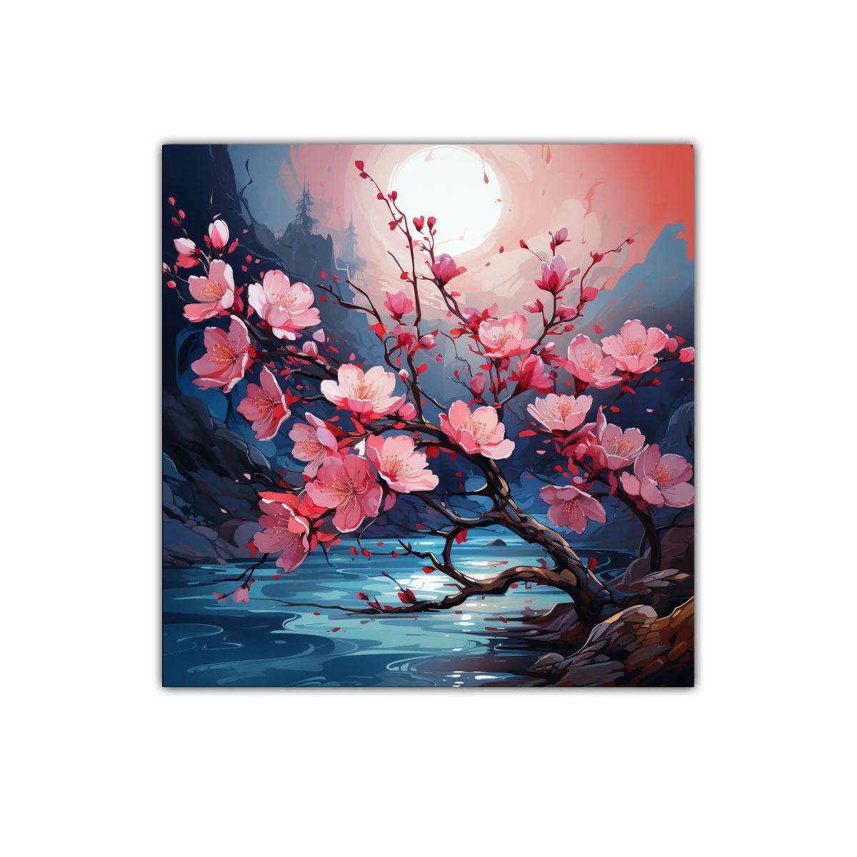 Rama de flores rosas bajo la luna en paisaje sereno — imagen principal