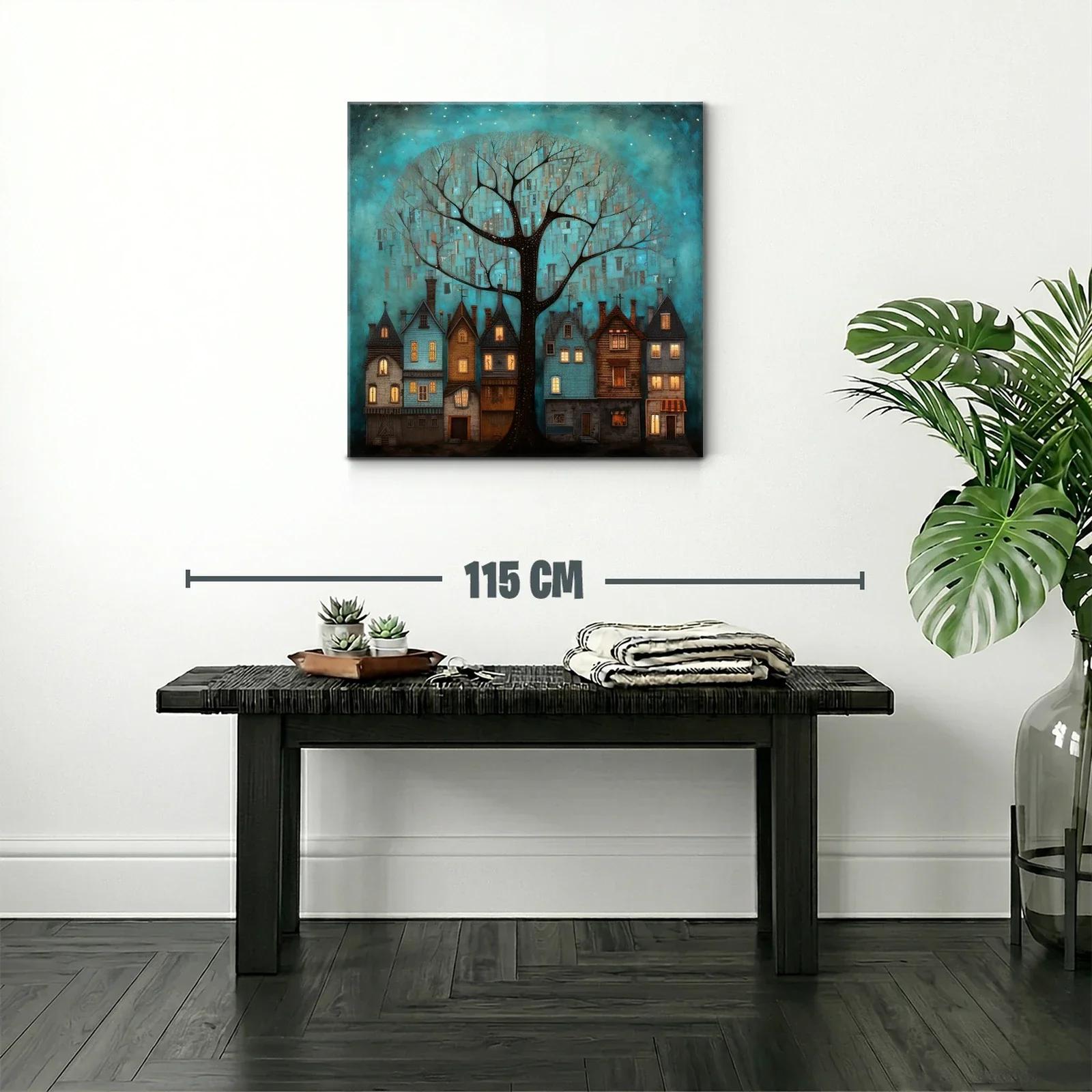 Encantador paisaje nocturno con casas y árbol iluminado — miniatura 2