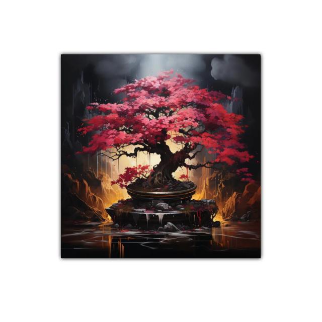 Árbol de hojas rojas en paisaje místico y oscuro