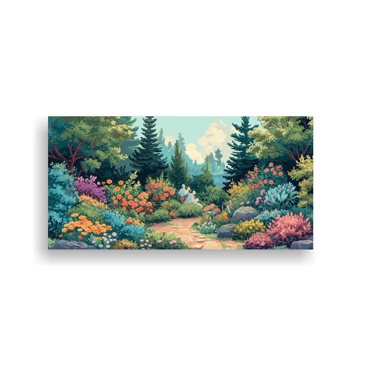 Cuadro sendero de jardín con flores rosas naranjas amarillas y lilas
