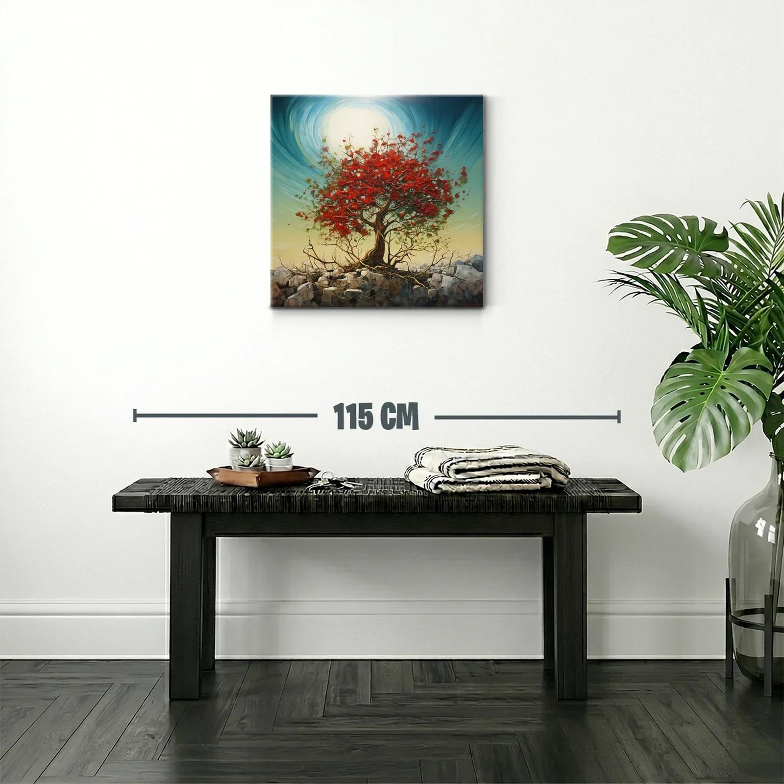 Árbol rojo vibrante sobre rocas con cielo luminoso — miniatura 2