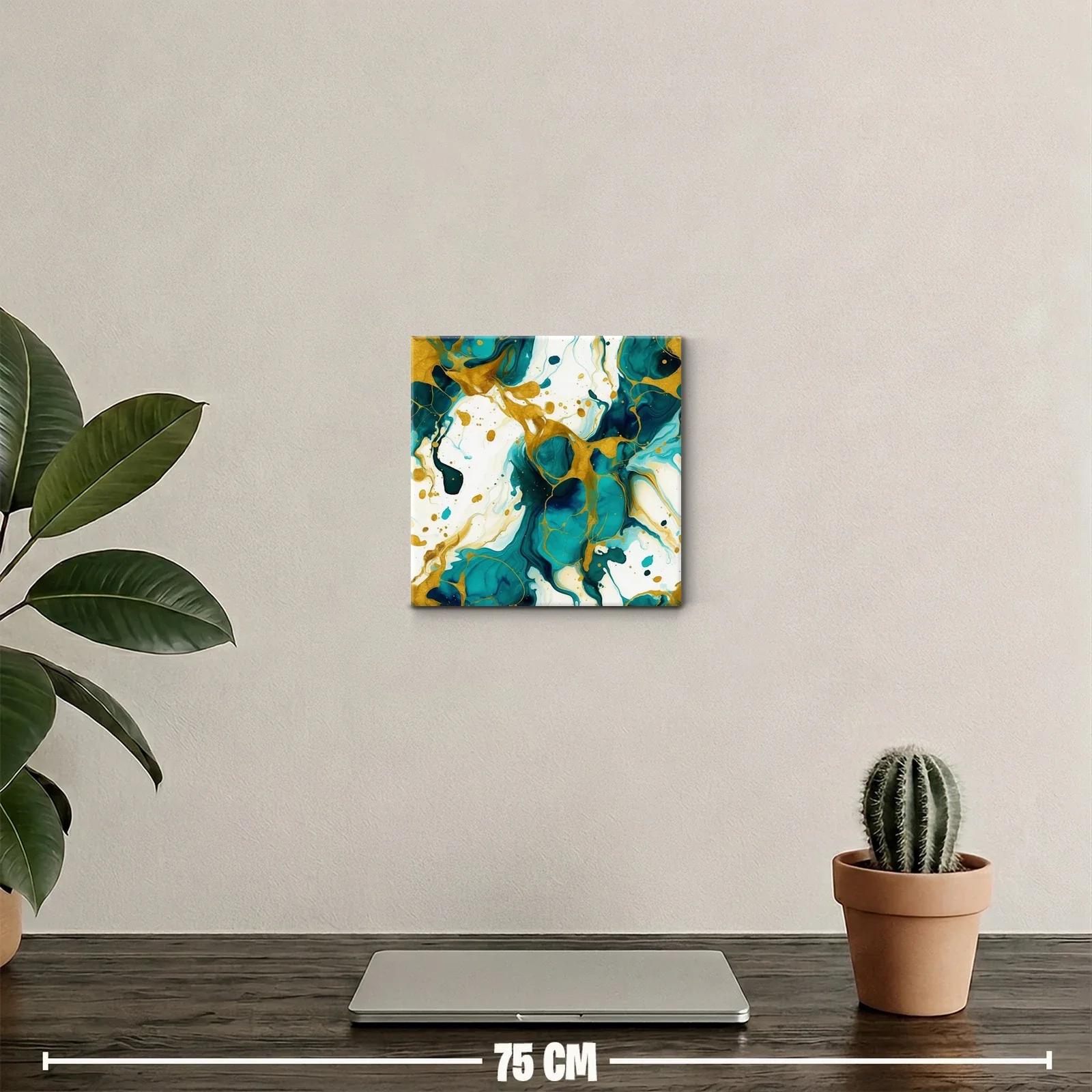 Cuadro abstracto con tonos turquesa y dorados vibrantes — miniatura 2