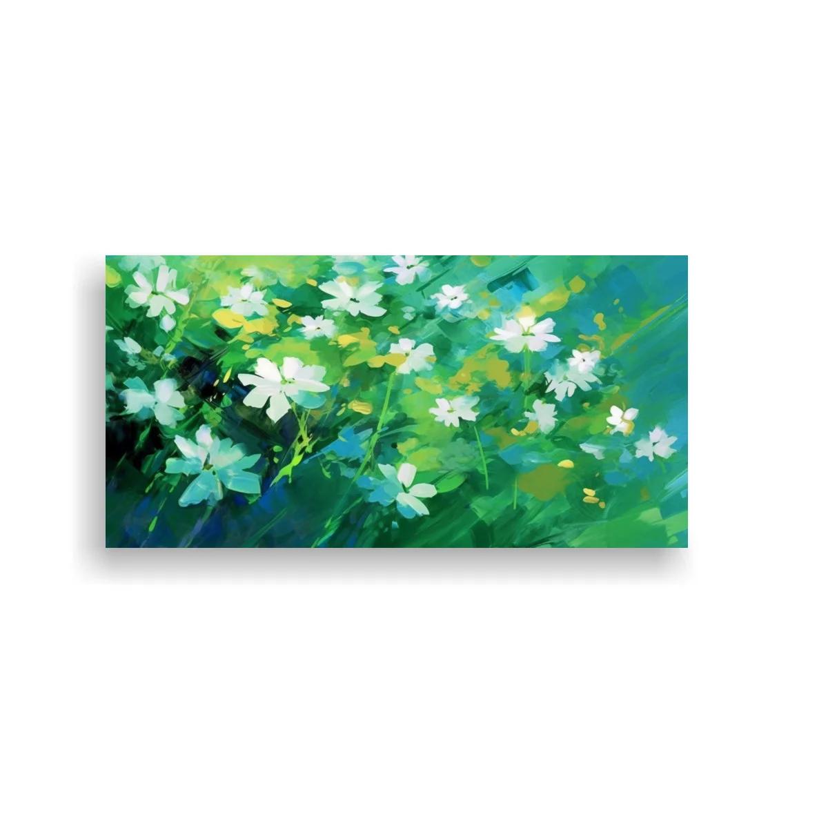 Cuadro de flores blancas silvestres con fondo verde y turquesa