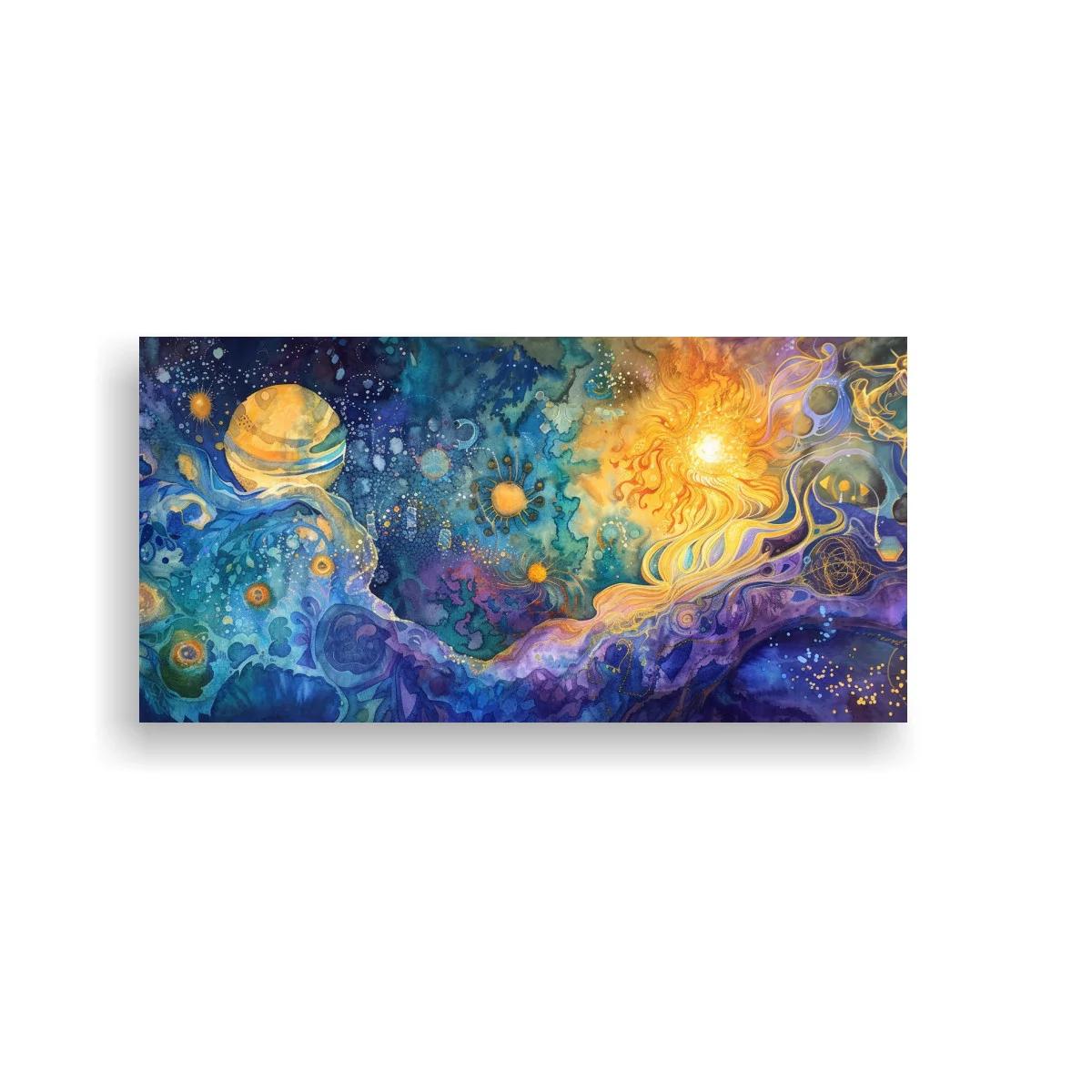 Cuadro sol resplandeciente con planeta anillado
